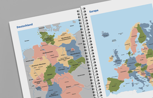 Vorgefertigte Seiten mit Landkarte Deutschland und Landkarte Europa zur Einbindung in Schulplanern fuer die Sekundarstufe