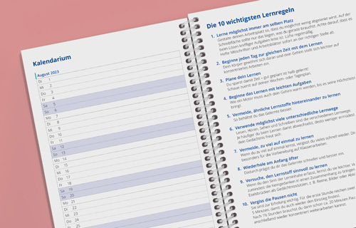 Vorgefertigte Seiten fuer Schuljahresplaner mit einer Monatsseite und einer Seite mit zehn wichtigen Lernregeln