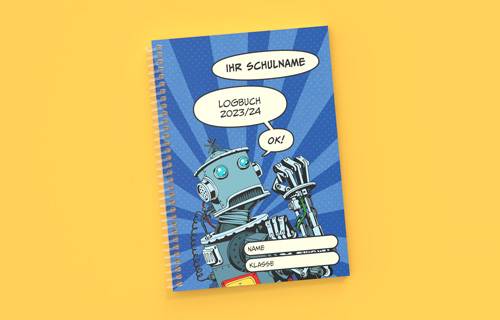 Umschlag eines Lerntagebuchs mit Roboter auf der Vorderseite