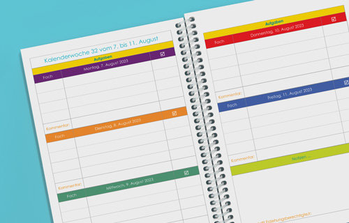 Unsere Standard Hausaufgaben Wochenübersichten sind farbcodiert und helfen so, die einzelnen Wochentage zu identifizieren